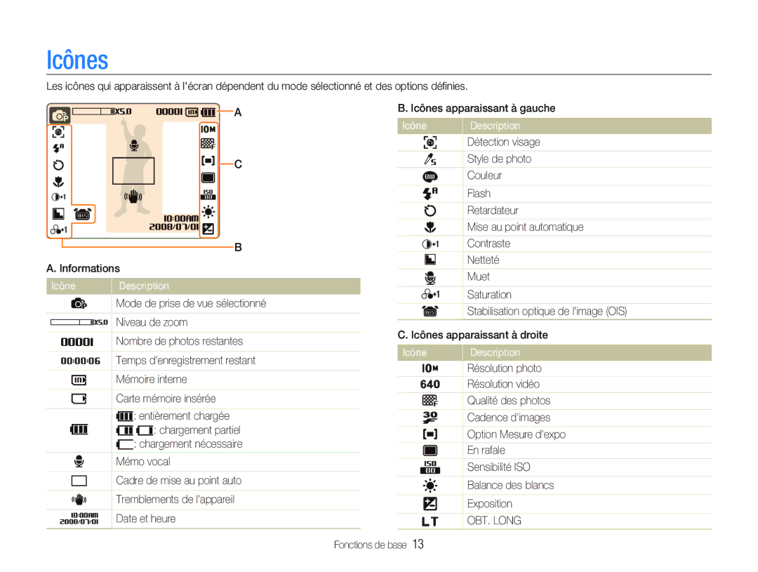 Samsung EC-NV9ZZBBA/FR, EC-NV9ZZSBA/FR, EC-NV9ZZPBA/FR manual Icônes 