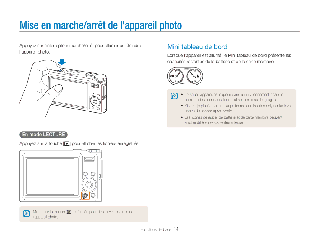 Samsung EC-NV9ZZSBA/FR, EC-NV9ZZPBA/FR manual Mise en marche/arrêt de lappareil photo, Mini tableau de bord, En mode Lecture 
