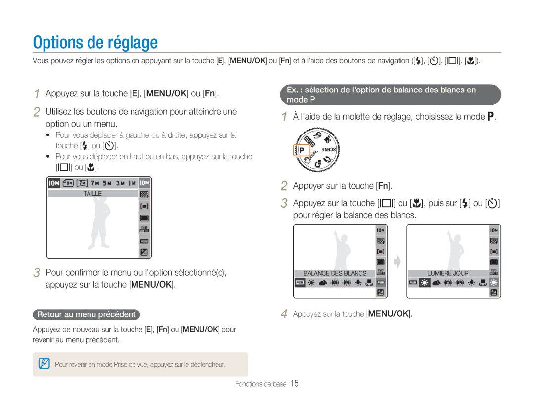 Samsung EC-NV9ZZPBA/FR, EC-NV9ZZSBA/FR manual Options de réglage, Appuyez sur la touche E, MENU/OK ou Fn, Option ou un menu 