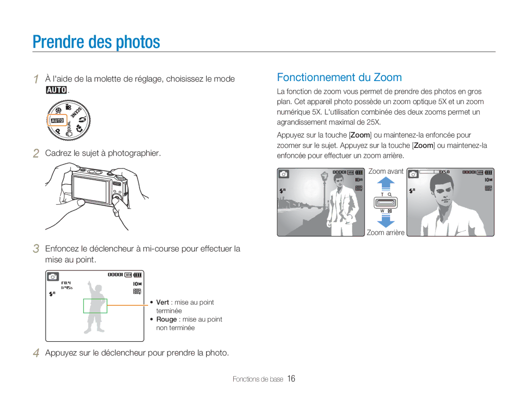 Samsung EC-NV9ZZBBA/FR, EC-NV9ZZSBA/FR, EC-NV9ZZPBA/FR manual Prendre des photos, Fonctionnement du Zoom, Zoom arrière 