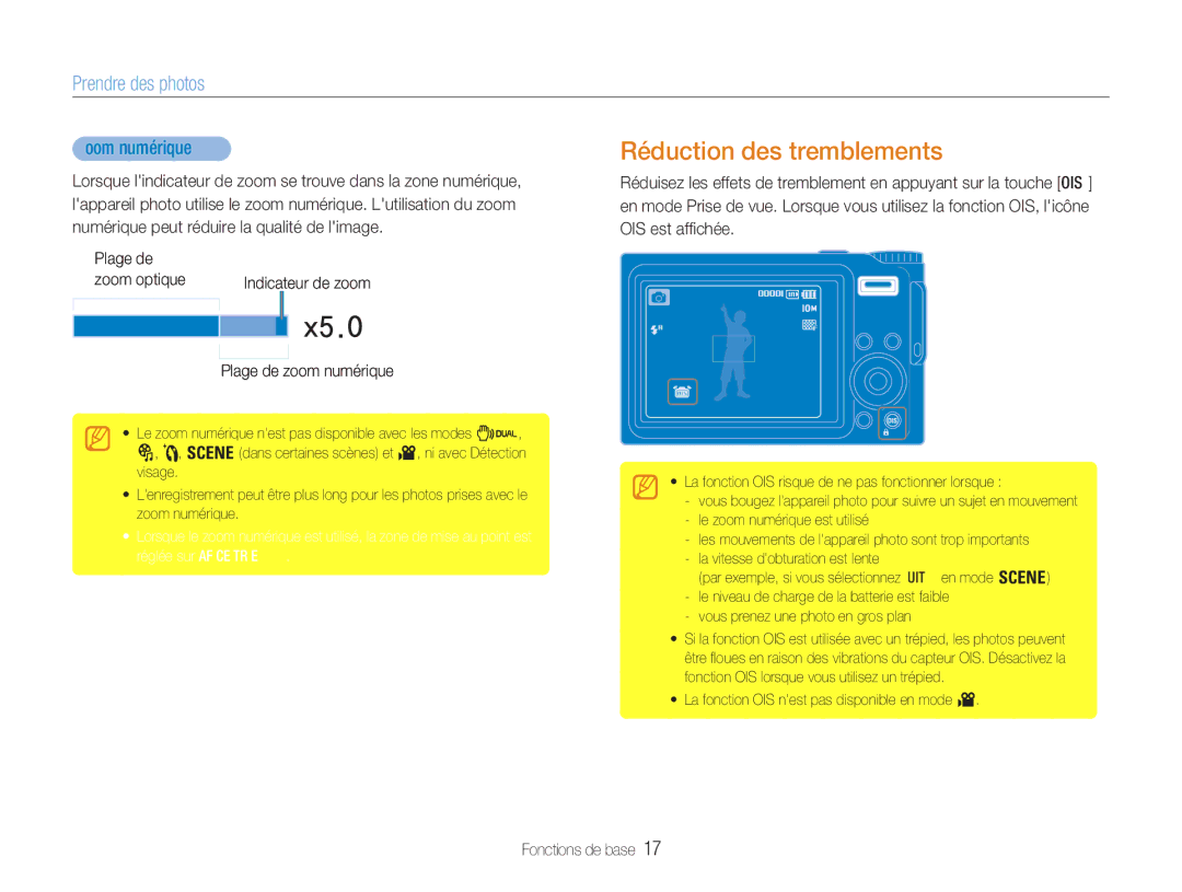 Samsung EC-NV9ZZSBA/FR manual Réduction des tremblements, Prendre des photos, Zoom numérique, Plage de Zoom optique 