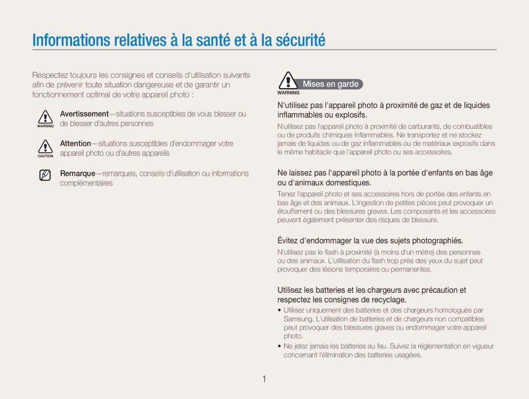 Samsung EC-NV9ZZBBA/FR, EC-NV9ZZSBA/FR, EC-NV9ZZPBA/FR Informations relatives à la santé et à la sécurité, Mises en garde 