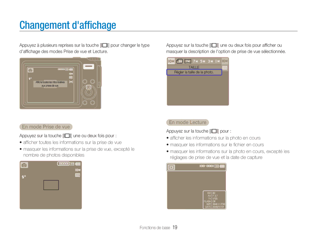 Samsung EC-NV9ZZBBA/FR, EC-NV9ZZSBA/FR, EC-NV9ZZPBA/FR manual Changement dafﬁchage, En mode Prise de vue 