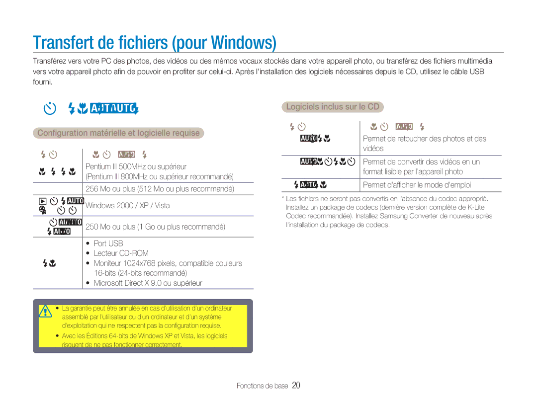 Samsung EC-NV9ZZSBA/FR manual Transfert de ﬁchiers pour Windows, Installer des logiciels, Logiciels inclus sur le CD, Ram 
