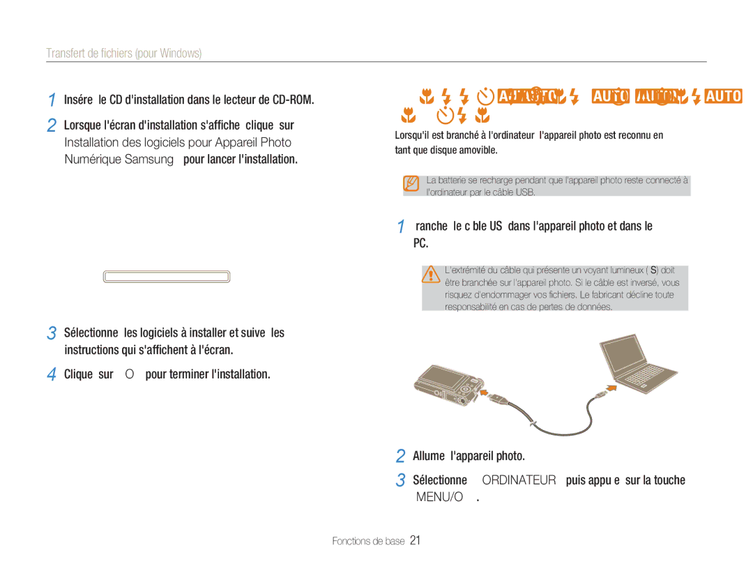 Samsung EC-NV9ZZPBA/FR manual Raccordement de lappareil photo à votre ordinateur, Transfert de ﬁchiers pour Windows 