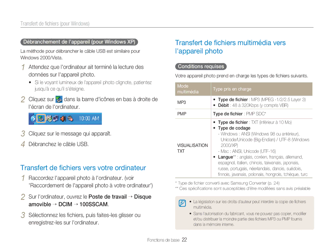 Samsung EC-NV9ZZBBA/FR Transfert de ﬁchiers vers votre ordinateur, Transfert de ﬁchiers multimédia vers lappareil photo 