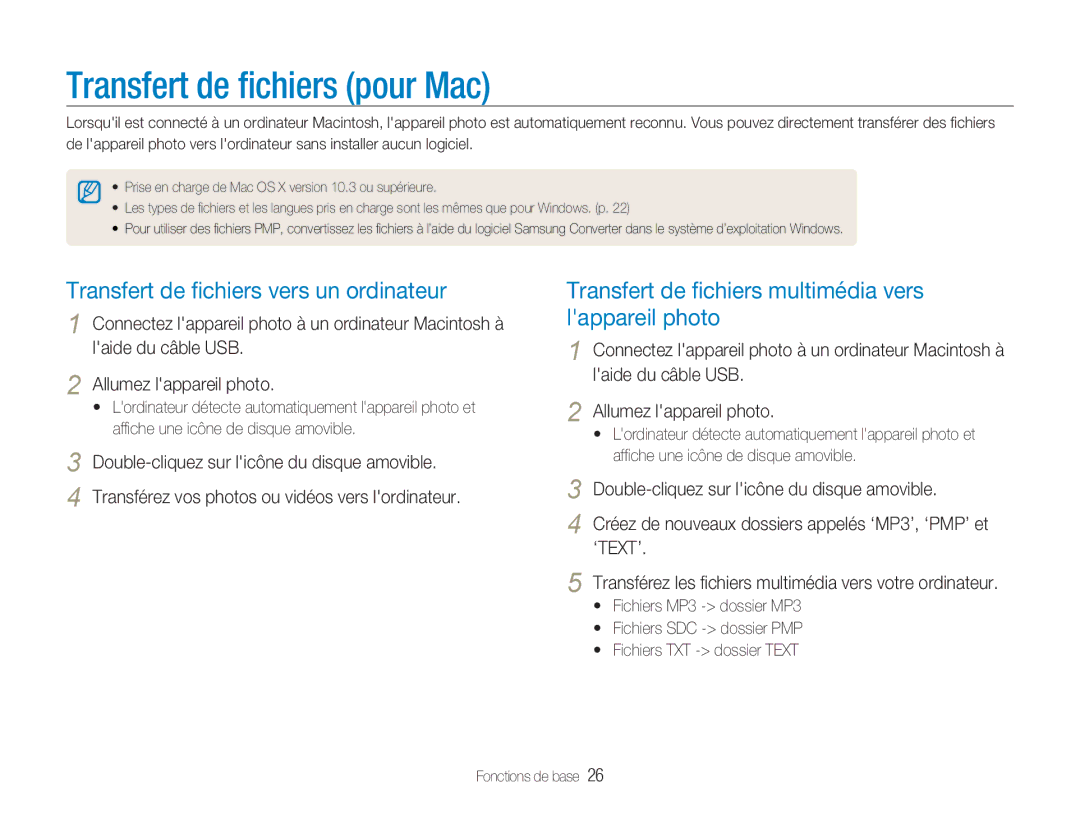 Samsung EC-NV9ZZSBA/FR, EC-NV9ZZPBA/FR manual Transfert de ﬁchiers pour Mac, Transfert de ﬁchiers vers un ordinateur 