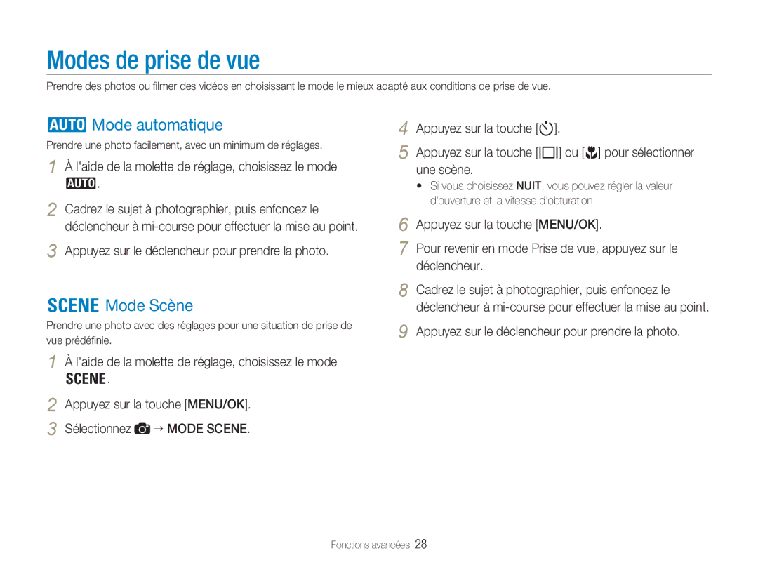 Samsung EC-NV9ZZBBA/FR, EC-NV9ZZSBA/FR, EC-NV9ZZPBA/FR manual Modes de prise de vue, Mode automatique, Mode Scène 