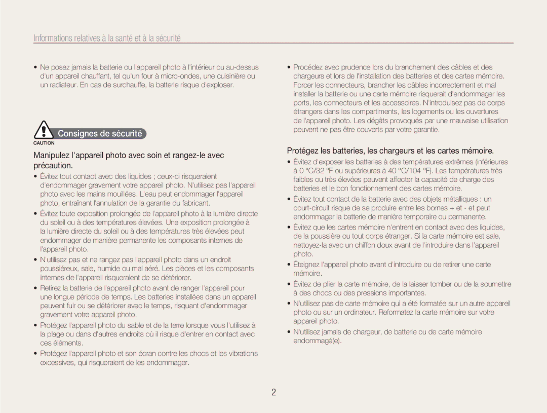 Samsung EC-NV9ZZSBA/FR, EC-NV9ZZPBA/FR manual Informations relatives à la santé et à la sécurité, Consignes de sécurité 