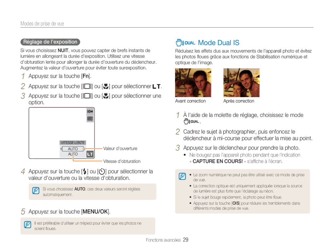 Samsung EC-NV9ZZSBA/FR manual Mode Dual is, Modes de prise de vue, Appuyez sur la touche Fn, Option, Réglage de lexposition 