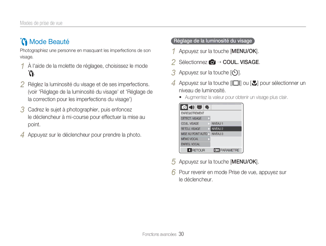 Samsung EC-NV9ZZPBA/FR, EC-NV9ZZSBA/FR, EC-NV9ZZBBA/FR Mode Beauté, Laide de la molette de réglagee, choisissez le mode 