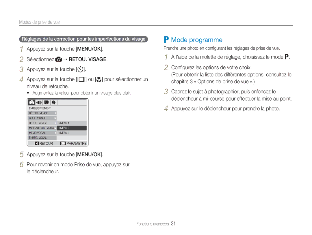 Samsung EC-NV9ZZBBA/FR manual Mode programme, Réglages de la correction pour les imperfections du visage, Le déclencheur 