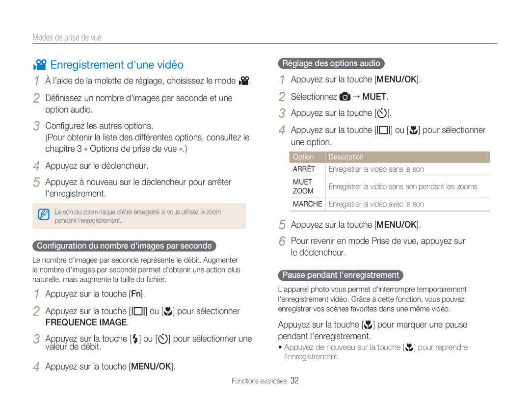 Samsung EC-NV9ZZSBA/FR, EC-NV9ZZPBA/FR manual Enregistrement dune vidéo, Frequence Image, Sélectionnez, “ Muet, Une option 