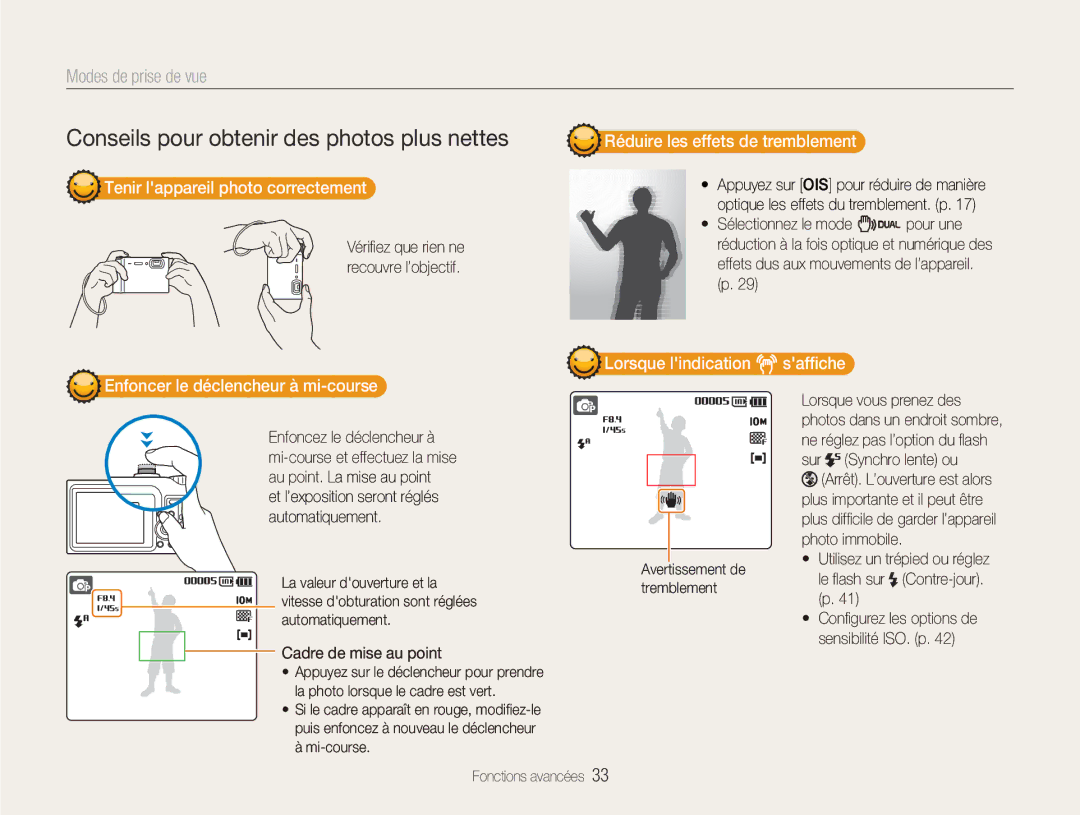 Samsung EC-NV9ZZPBA/FR Tenir lappareil photo correctement, Réduire les effets de tremblement, Safﬁche, Lorsque lindication 