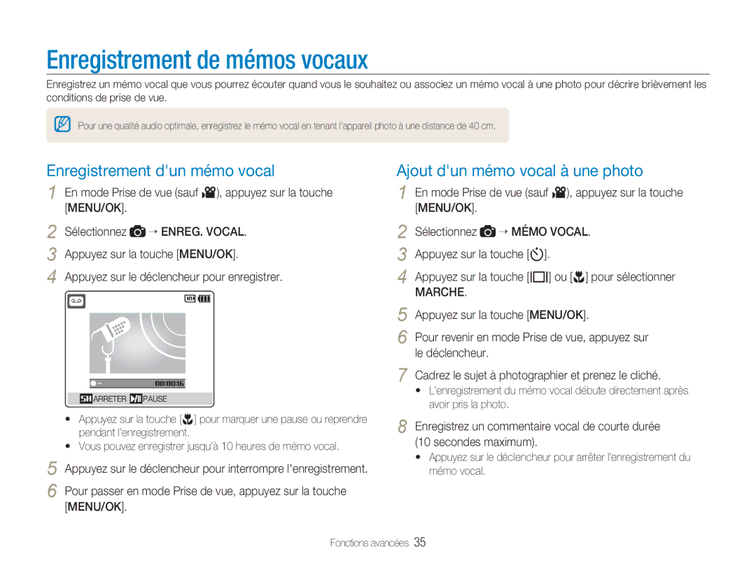 Samsung EC-NV9ZZSBA/FR Enregistrement de mémos vocaux, Enregistrement dun mémo vocal, Ajout dun mémo vocal à une photo 