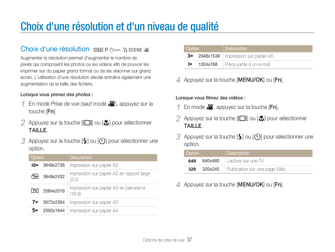 Samsung EC-NV9ZZBBA/FR manual Choix dune résolution et dun niveau de qualité, Choix dune résolution 2 1 7 5 4, Taille 