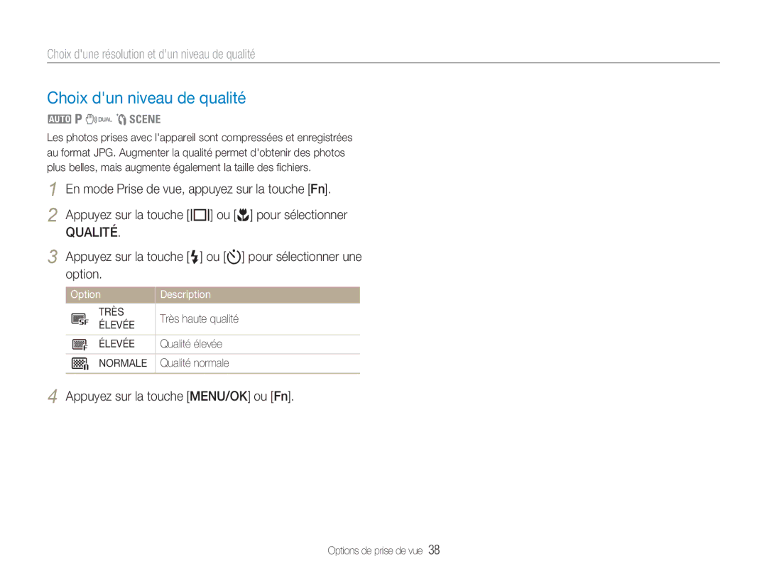 Samsung EC-NV9ZZSBA/FR manual Choix dun niveau de qualité, Choix dune résolution et dun niveau de qualité, Qualité 