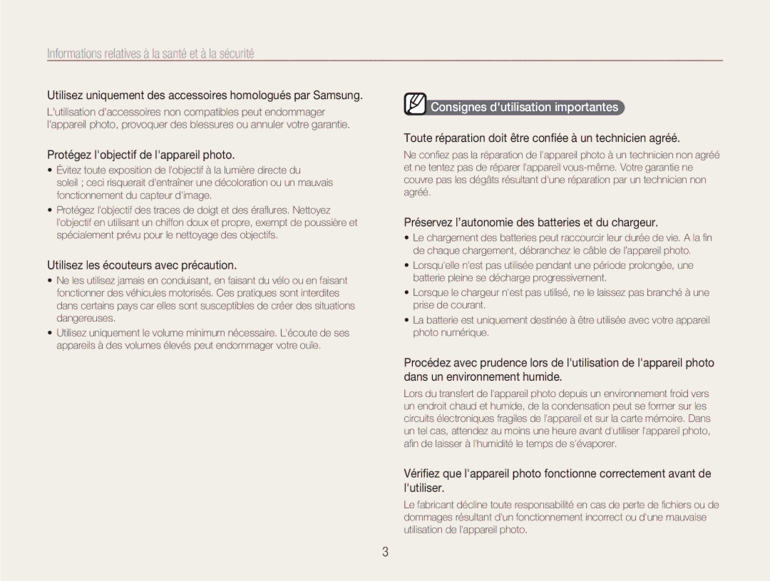 Samsung EC-NV9ZZPBA/FR Consignes dutilisation importantes, Utilisez uniquement des accessoires homologués par Samsung 