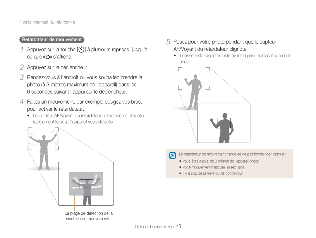 Samsung EC-NV9ZZBBA/FR Fonctionnement du retardateur, Ce que Safﬁche Appuyez sur le déclencheur, Retardateur de mouvement 