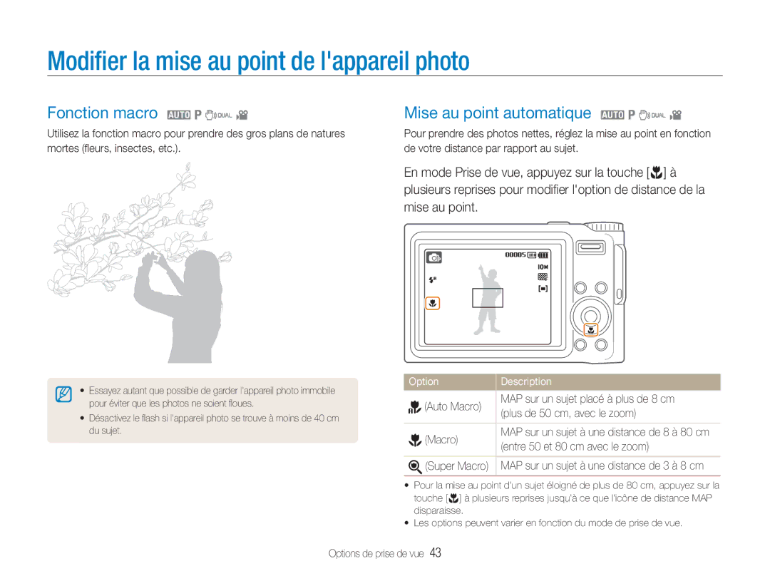 Samsung EC-NV9ZZBBA/FR Modiﬁer la mise au point de lappareil photo, Fonction macro 2 1 7, Mise au point automatique 2 1 7 