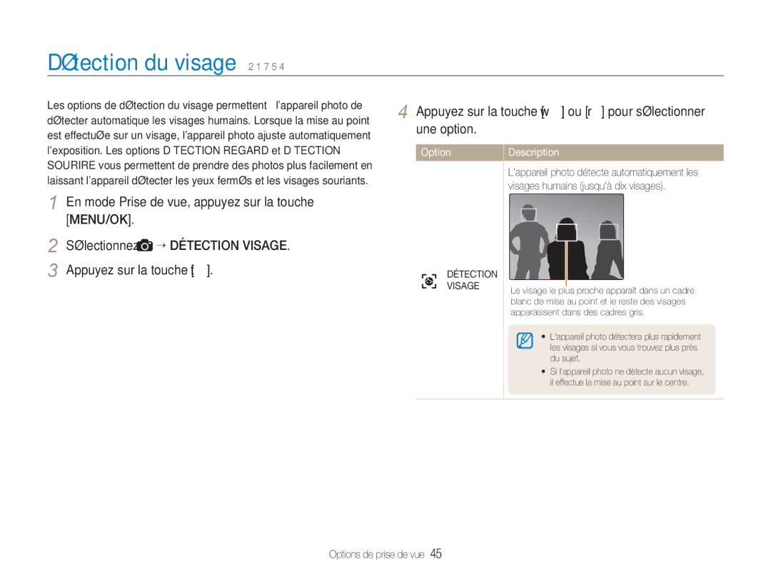 Samsung EC-NV9ZZPBA/FR, EC-NV9ZZSBA/FR Détection du visage 2 1 7 5, En mode Prise de vue, appuyez sur la touche, Menu/Ok 