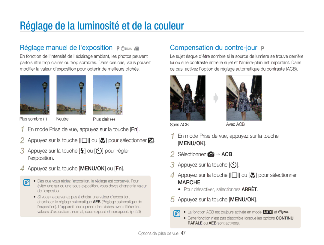 Samsung EC-NV9ZZSBA/FR manual Réglage de la luminosité et de la couleur, Réglage manuel de lexposition 1 7, Marche 
