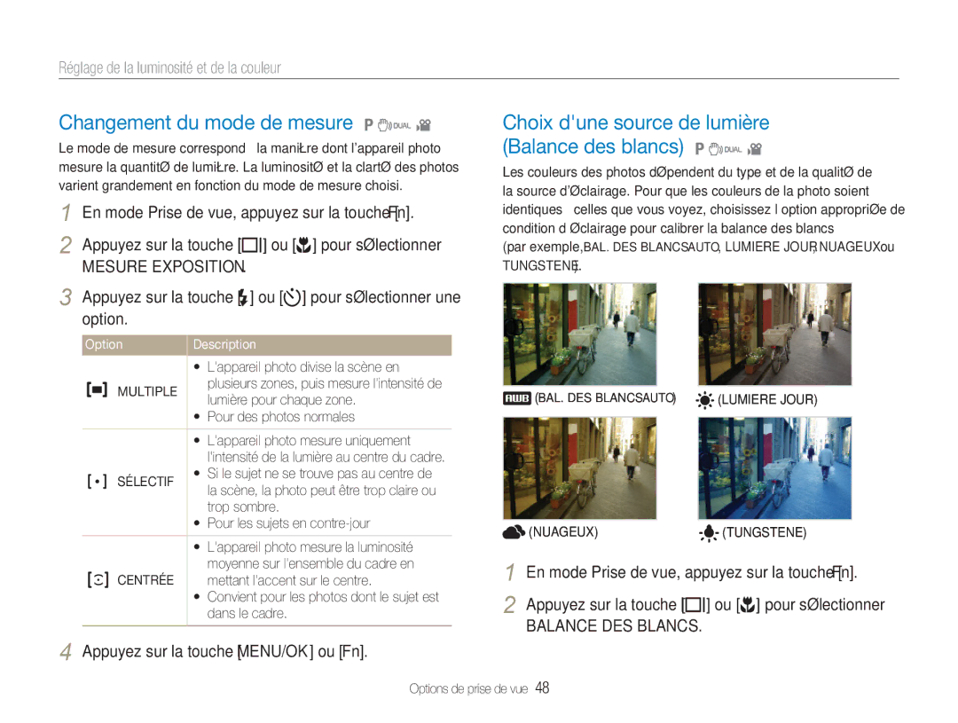 Samsung EC-NV9ZZPBA/FR manual Changement du mode de mesure 1 7, Choix dune source de lumière Balance des blancs 1 7 