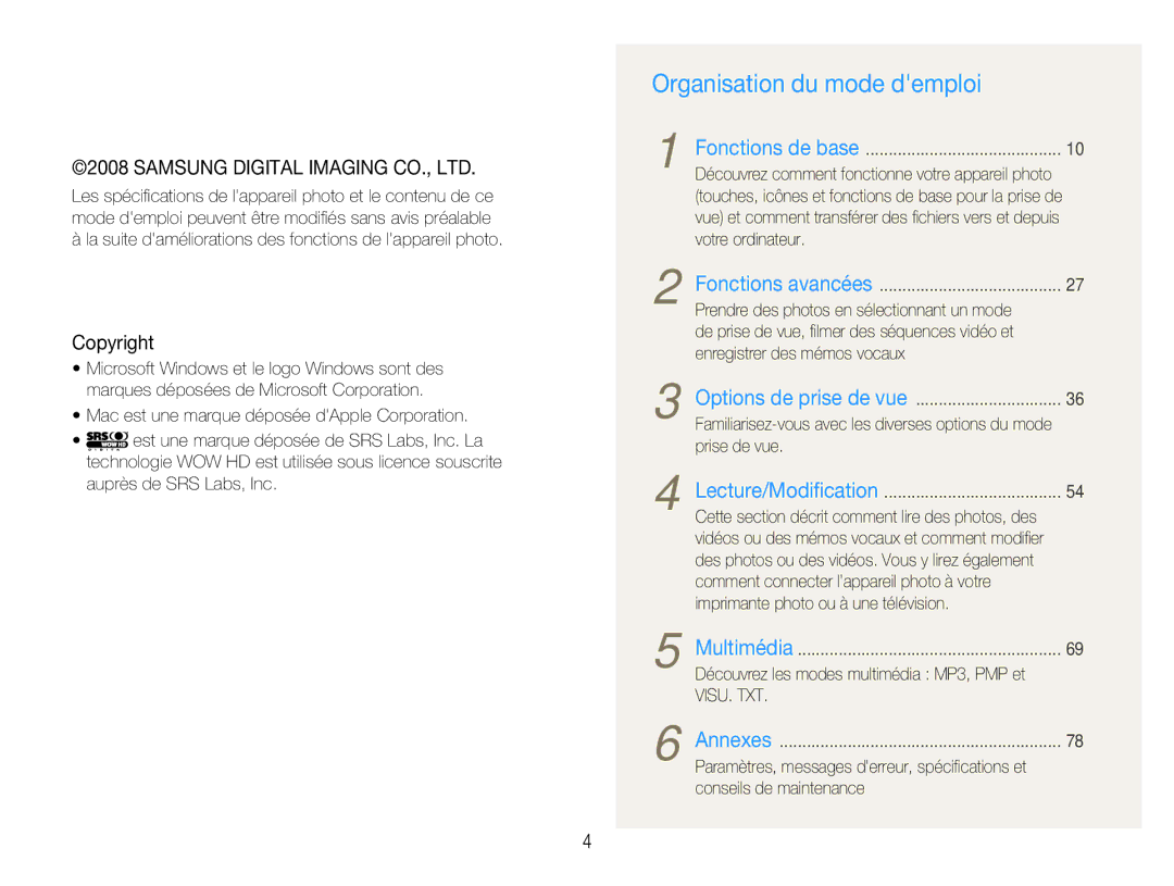 Samsung EC-NV9ZZBBA/FR, EC-NV9ZZSBA/FR, EC-NV9ZZPBA/FR manual Organisation du mode demploi 