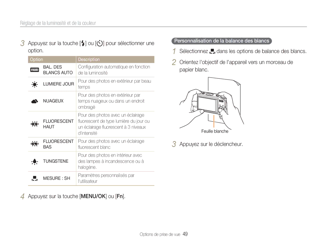 Samsung EC-NV9ZZBBA/FR, EC-NV9ZZSBA/FR, EC-NV9ZZPBA/FR manual Papier blanc, Personnalisation de la balance des blancs 