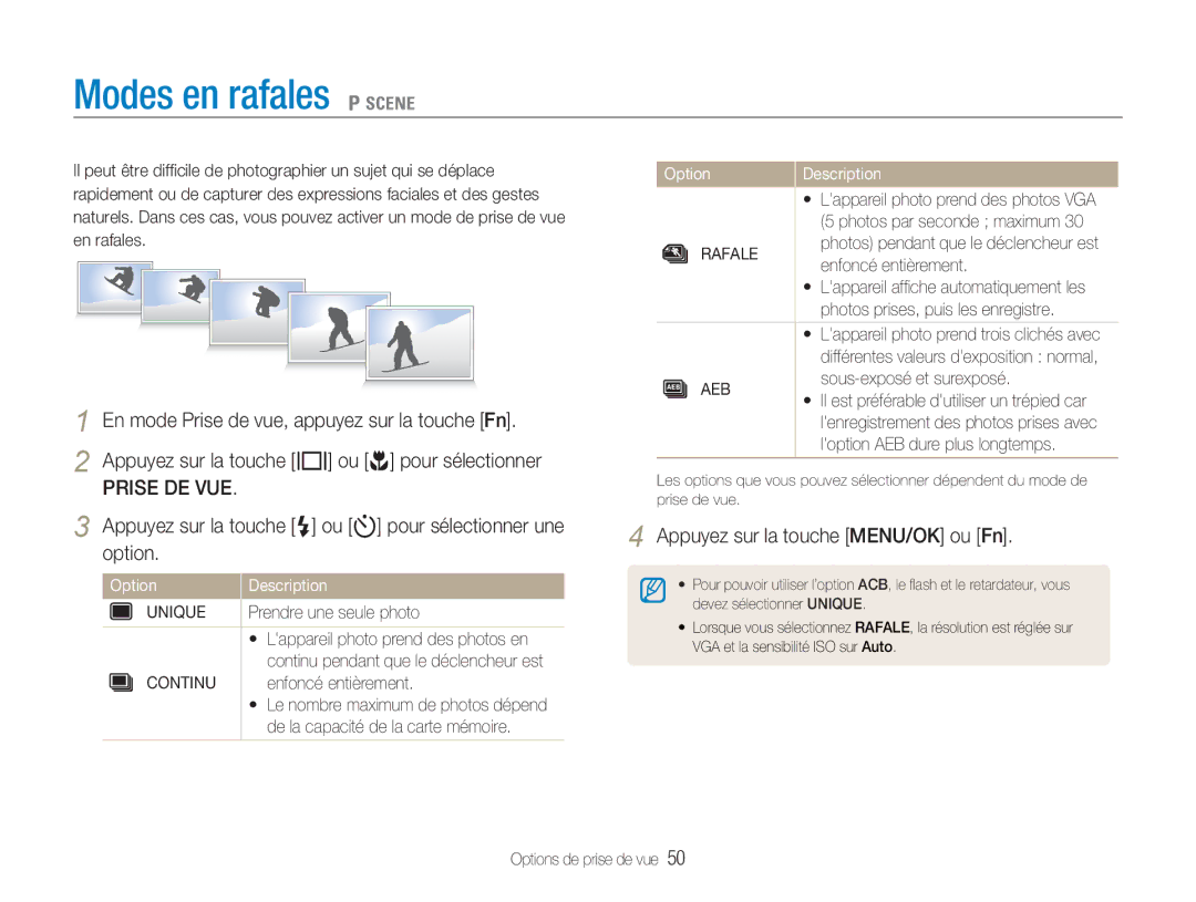 Samsung EC-NV9ZZSBA/FR, EC-NV9ZZPBA/FR, EC-NV9ZZBBA/FR manual Modes en rafales 1, Prise DE VUE, Unique, Continu, Rafale 