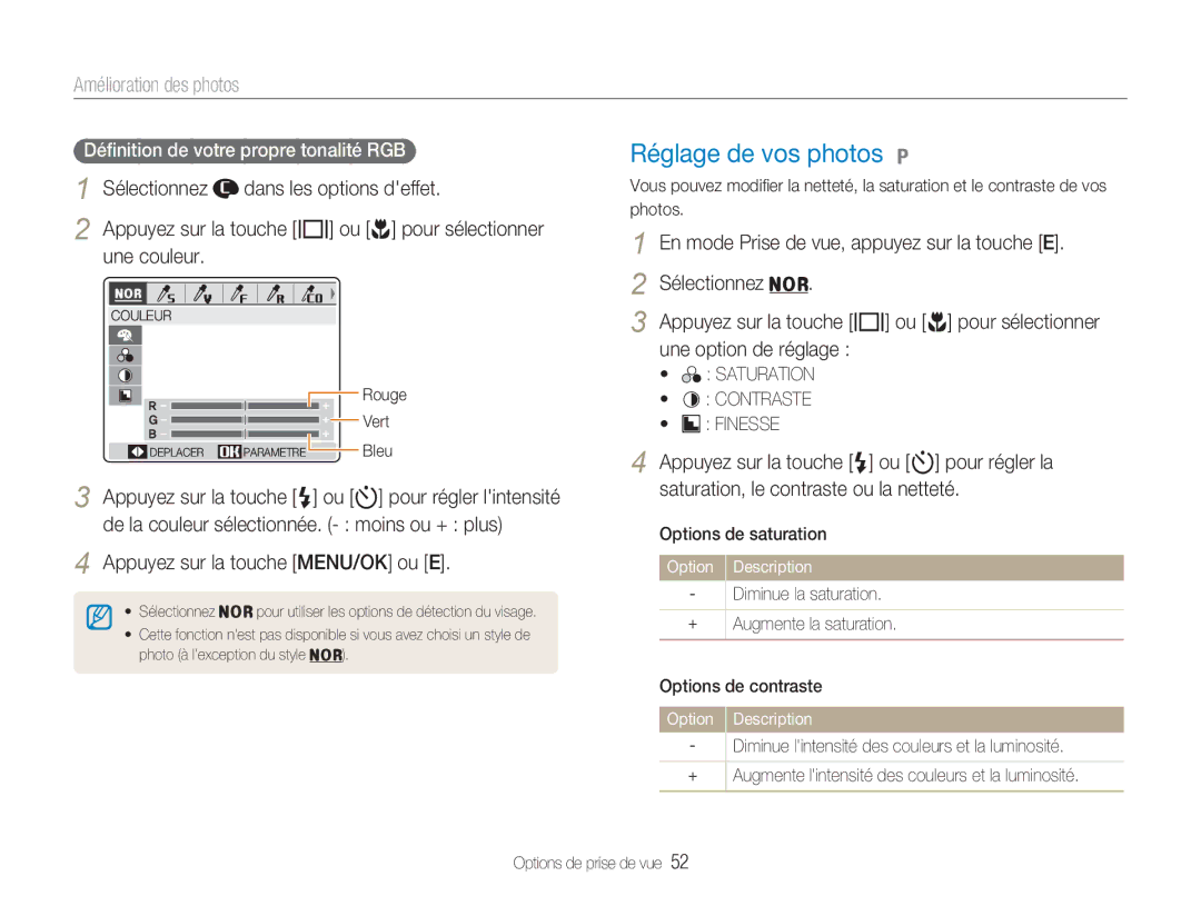 Samsung EC-NV9ZZBBA/FR Réglage de vos photos, Amélioration des photos, Sélectionnez Dans les options deffet, Une couleur 