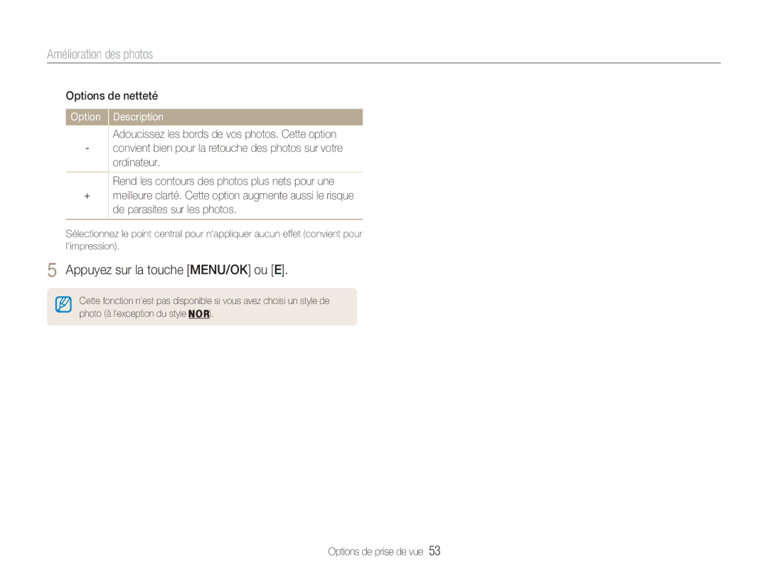 Samsung EC-NV9ZZSBA/FR, EC-NV9ZZPBA/FR, EC-NV9ZZBBA/FR manual Options de netteté 