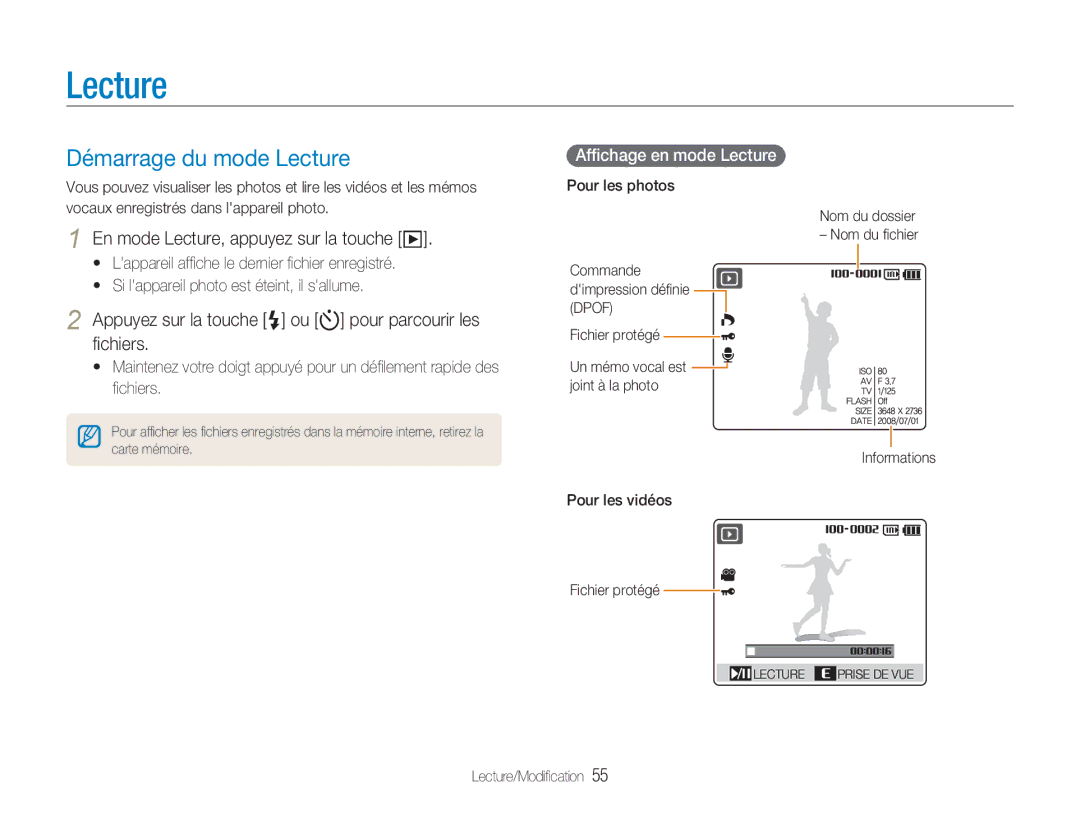 Samsung EC-NV9ZZBBA/FR Démarrage du mode Lecture, En mode Lecture, appuyez sur la touche y, Afﬁchage en mode Lecture 