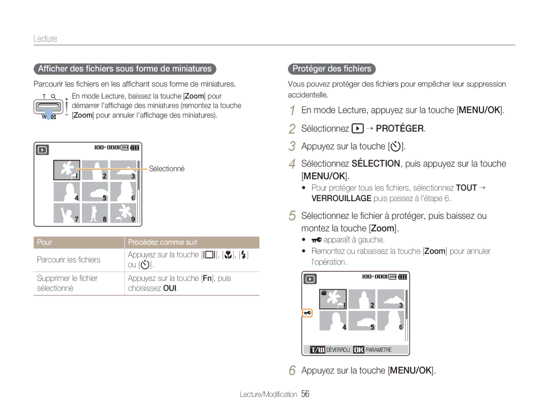 Samsung EC-NV9ZZSBA/FR manual Lecture, “ Protéger, Montez la touche Zoom, Afﬁcher des ﬁchiers sous forme de miniatures 