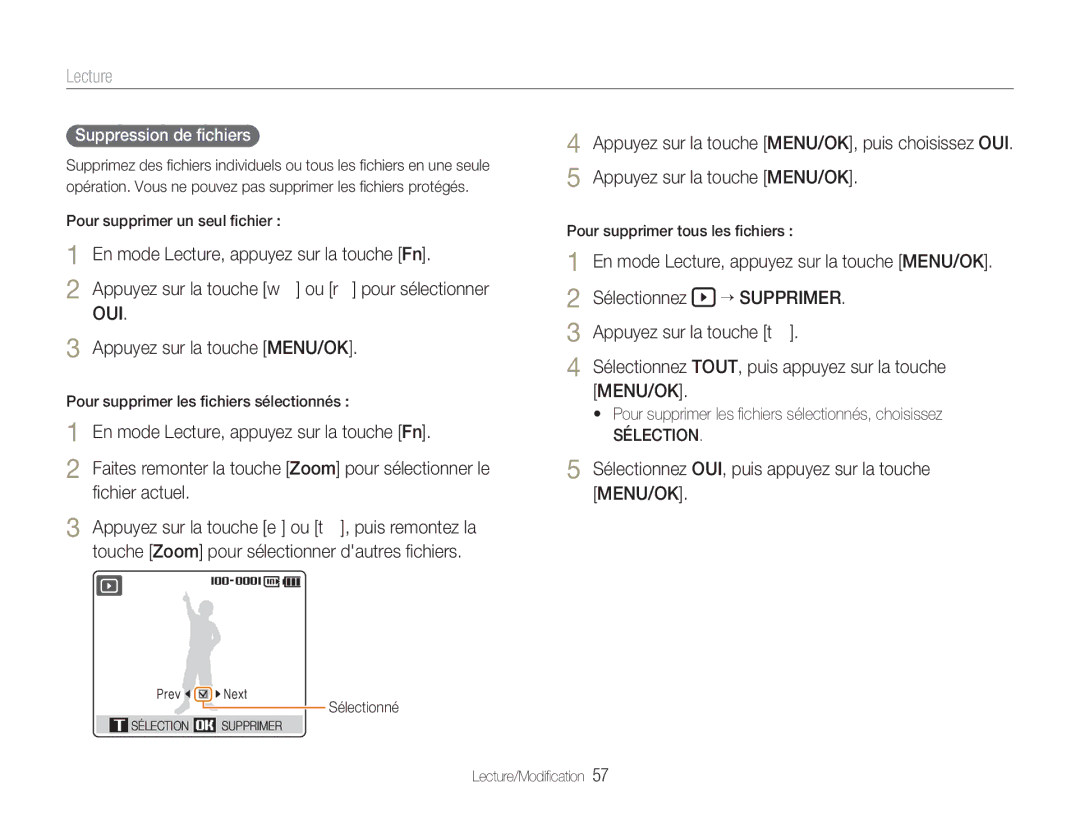 Samsung EC-NV9ZZPBA/FR manual En mode Lecture, appuyez sur la touche Fn, Sélectionnez OUI, puis appuyez sur la touche 