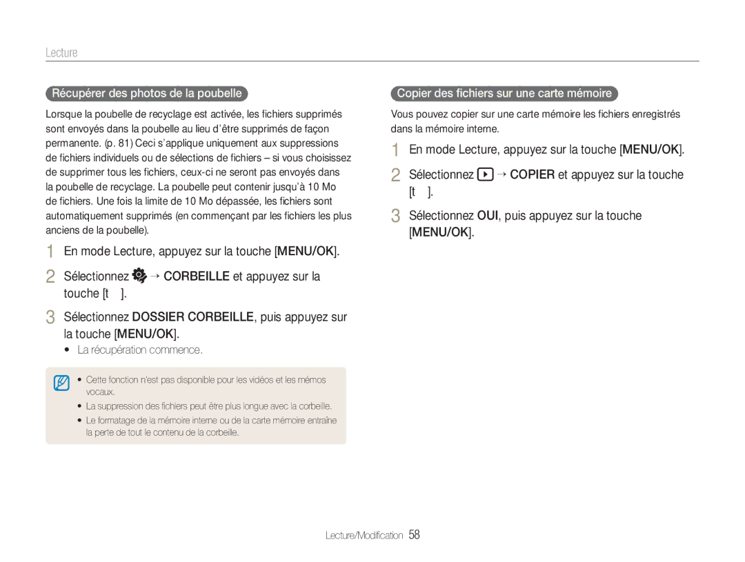 Samsung EC-NV9ZZBBA/FR, EC-NV9ZZSBA/FR manual Récupérer des photos de la poubelle, Copier des ﬁchiers sur une carte mémoire 