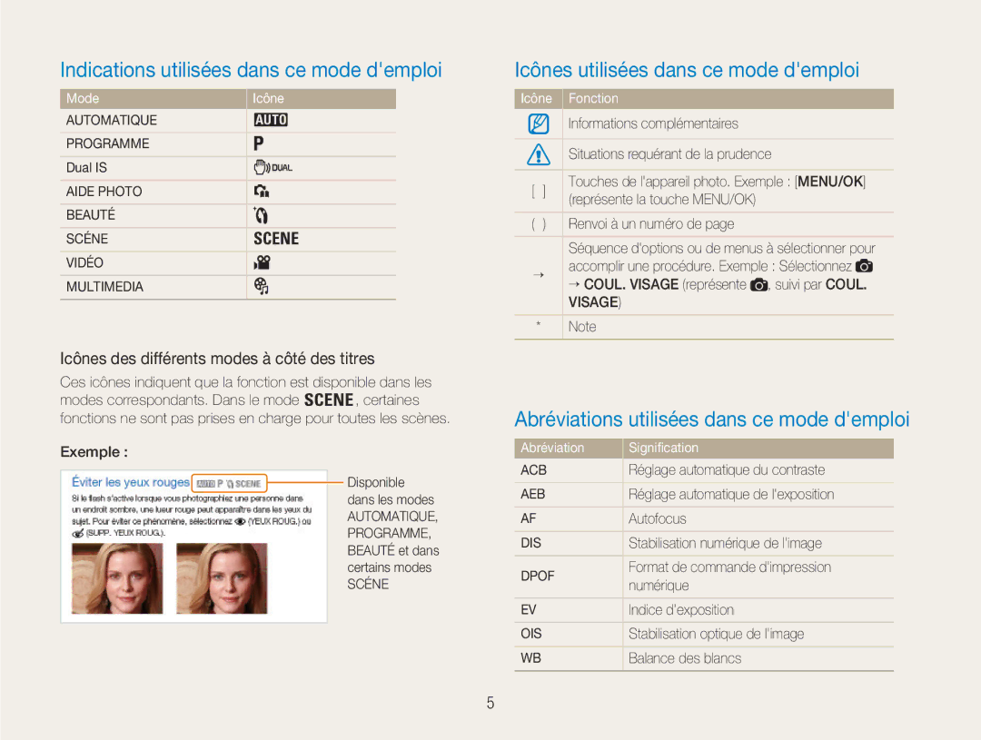 Samsung EC-NV9ZZSBA/FR, EC-NV9ZZPBA/FR Indications utilisées dans ce mode demploi, Icônes utilisées dans ce mode demploi 