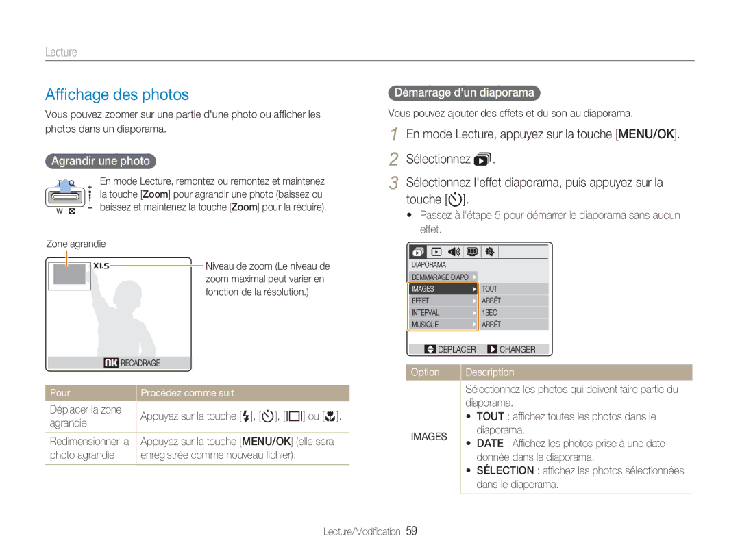 Samsung EC-NV9ZZSBA/FR, EC-NV9ZZPBA/FR manual Afﬁchage des photos, Agrandir une photo, Démarrage dun diaporama, Images 