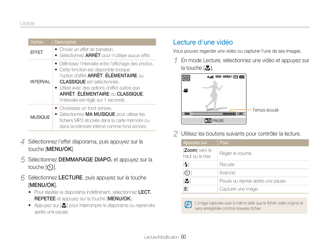 Samsung EC-NV9ZZPBA/FR manual Lecture dune vidéo, Utilisez les boutons suivants pour contrôler la lecture, Effet, Musique 