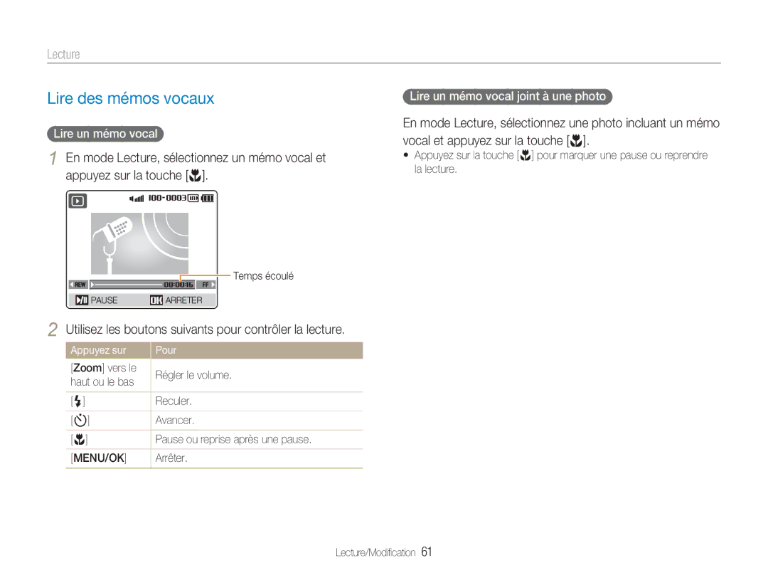 Samsung EC-NV9ZZBBA/FR, EC-NV9ZZSBA/FR Lire des mémos vocaux, Lire un mémo vocal joint à une photo, Menu/Ok, Arrêter 