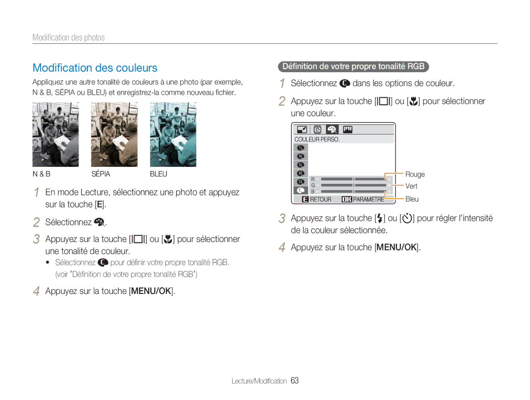 Samsung EC-NV9ZZPBA/FR Modiﬁcation des couleurs, Modiﬁcation des photos, Dans les options de couleur, Une couleur, Sépia 