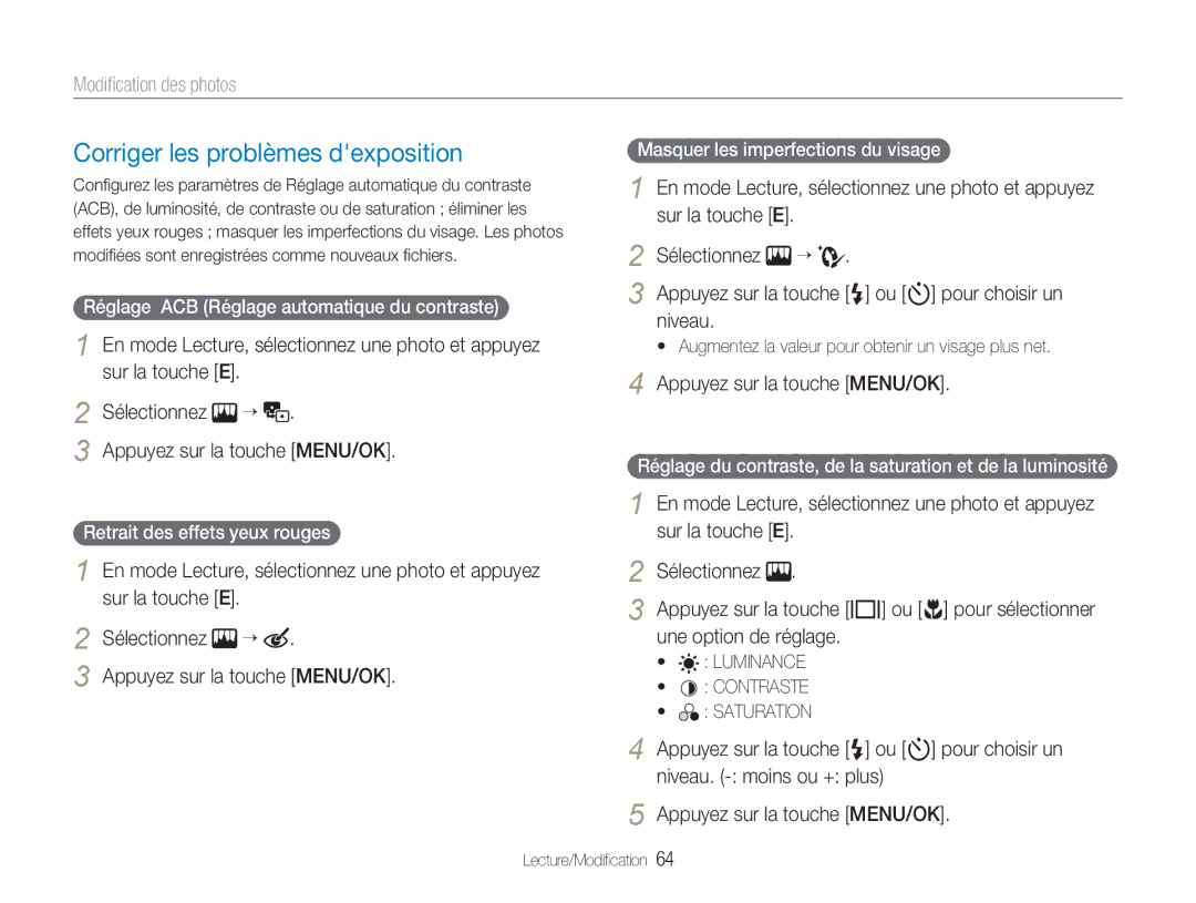 Samsung EC-NV9ZZBBA/FR, EC-NV9ZZSBA/FR, EC-NV9ZZPBA/FR manual Corriger les problèmes dexposition, Niveau 