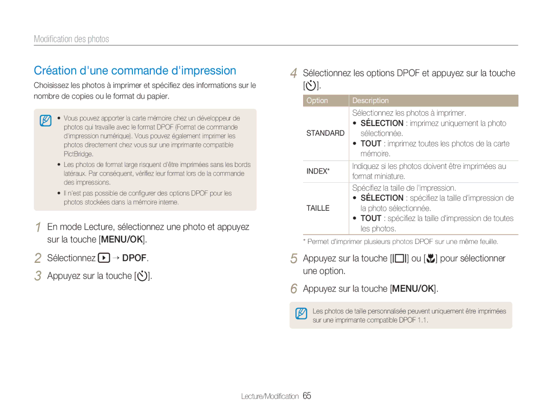 Samsung EC-NV9ZZSBA/FR, EC-NV9ZZPBA/FR, EC-NV9ZZBBA/FR manual Création dune commande dimpression, Standard, Index, Taille 