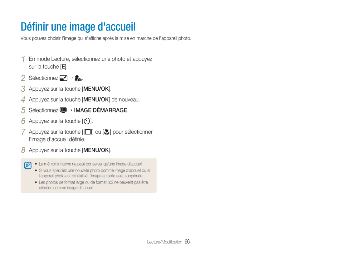 Samsung EC-NV9ZZPBA/FR manual Déﬁnir une image daccueil, Sélectionnez Appuyez sur la touche MENU/OK, “ Image Démarrage 