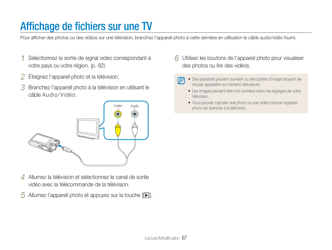 Samsung EC-NV9ZZBBA/FR, EC-NV9ZZSBA/FR Afﬁchage de ﬁchiers sur une TV, Allumez lappareil photo et appuyez sur la touche y 