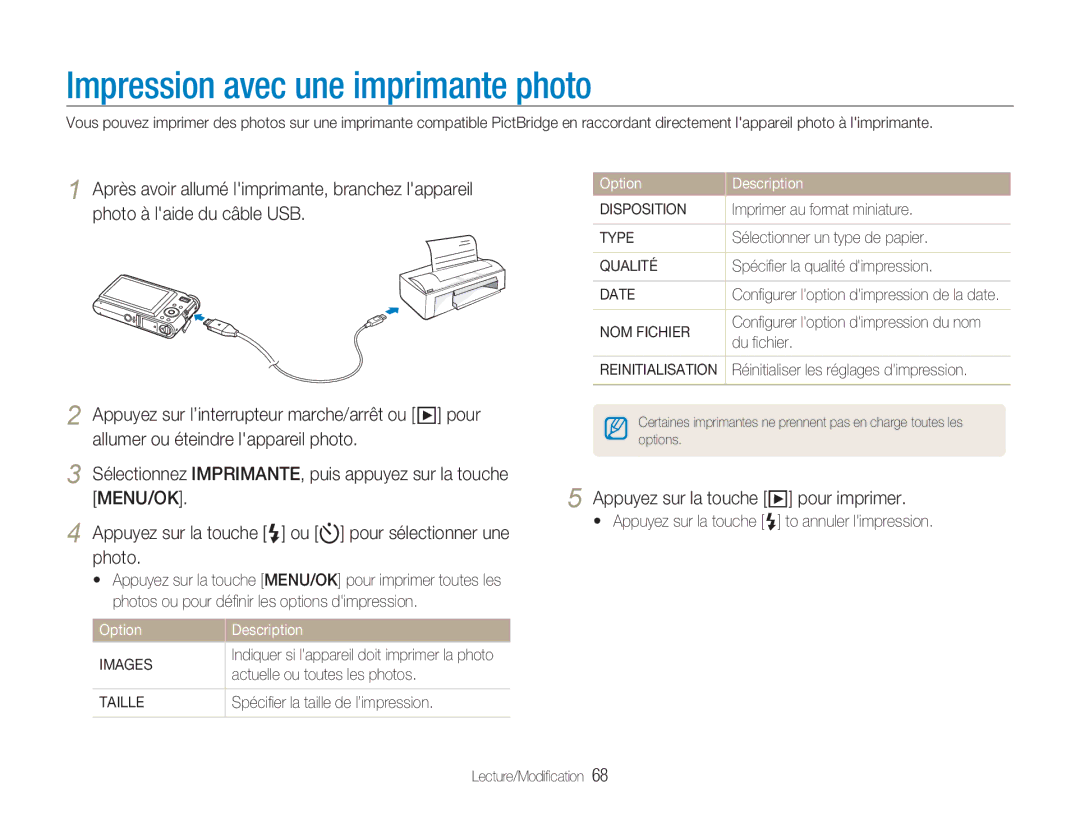 Samsung EC-NV9ZZSBA/FR, EC-NV9ZZPBA/FR manual Impression avec une imprimante photo, Appuyez sur la touche y pour imprimer 