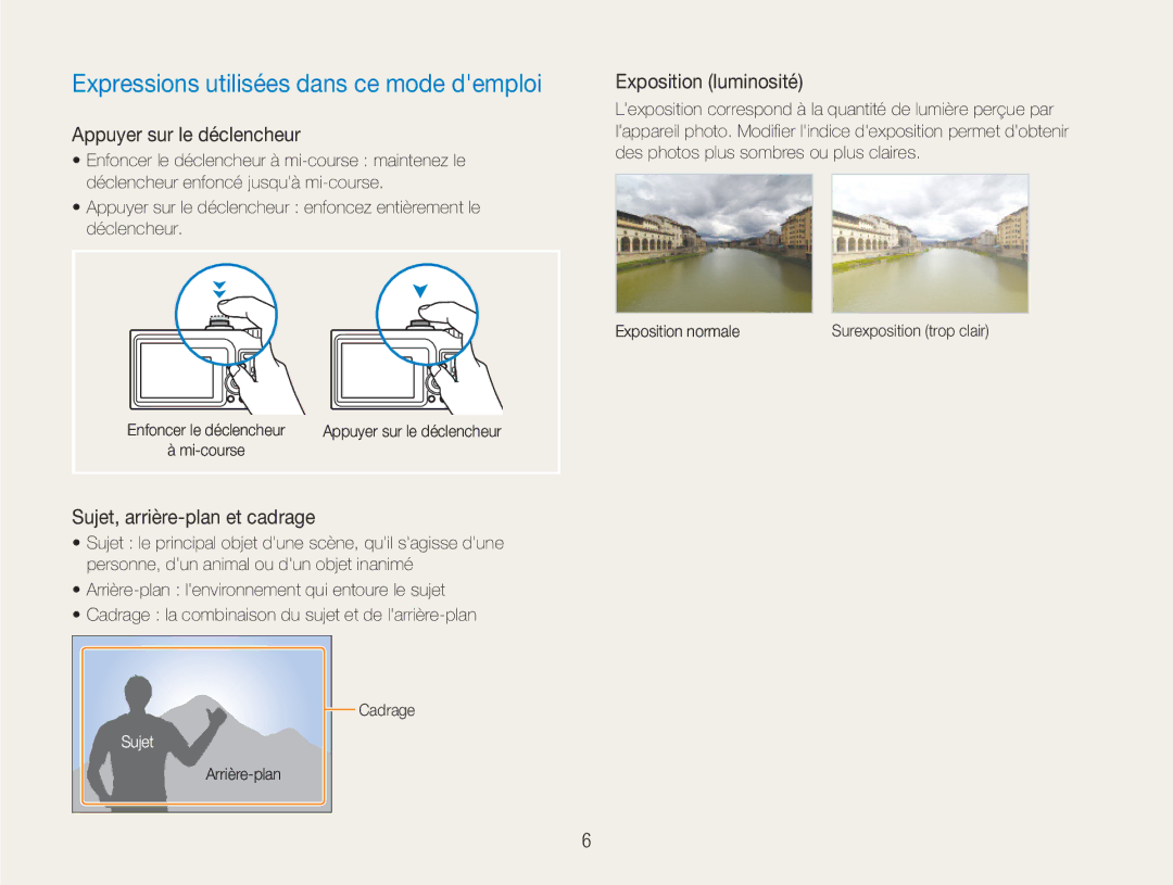Samsung EC-NV9ZZPBA/FR manual Expressions utilisées dans ce mode demploi, Appuyer sur le déclencheur, Exposition luminosité 