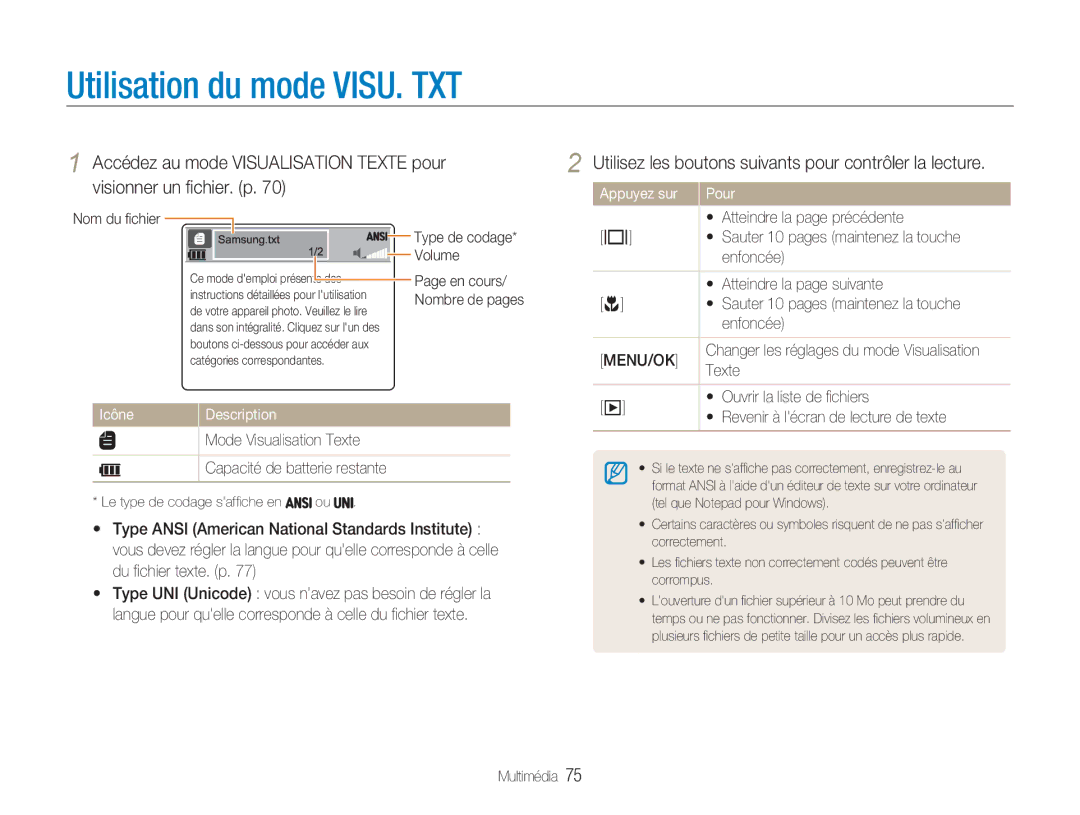 Samsung EC-NV9ZZPBA/FR Utilisation du mode VISU. TXT, Accédez au mode Visualisation Texte pour, Visionner un ﬁchier. p 