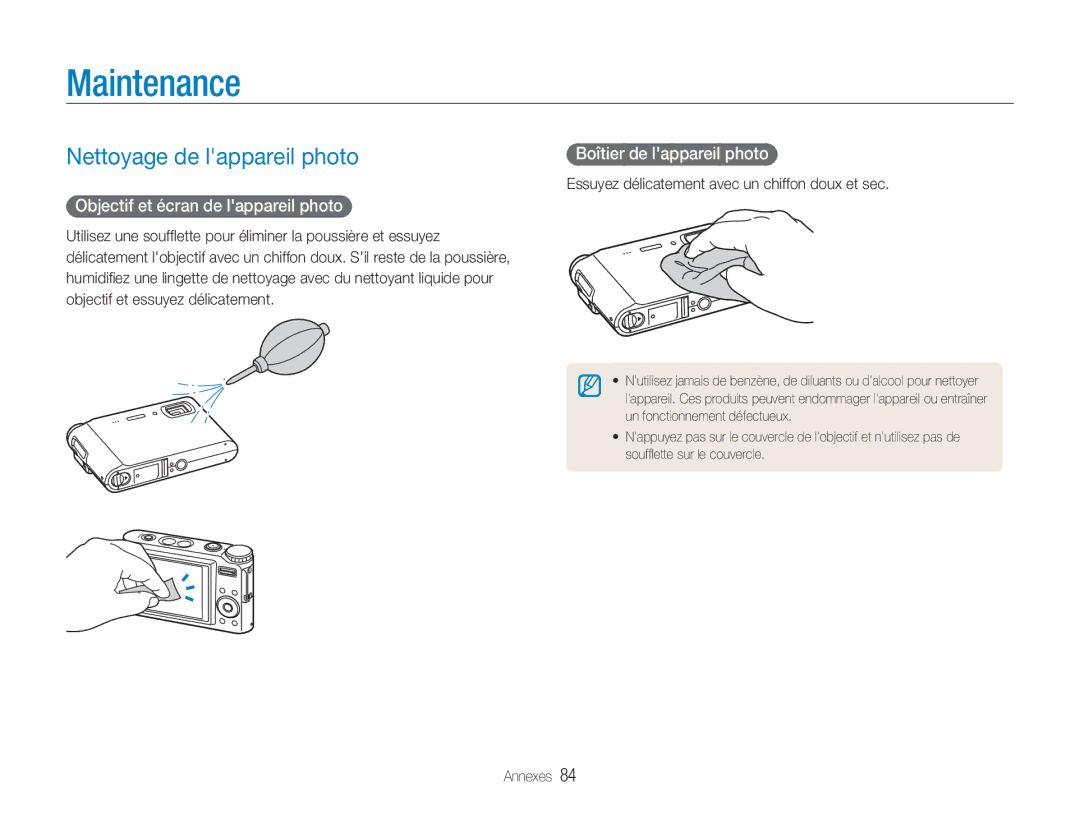 Samsung EC-NV9ZZPBA/FR, EC-NV9ZZSBA/FR Maintenance, Nettoyage de lappareil photo, Objectif et écran de lappareil photo 