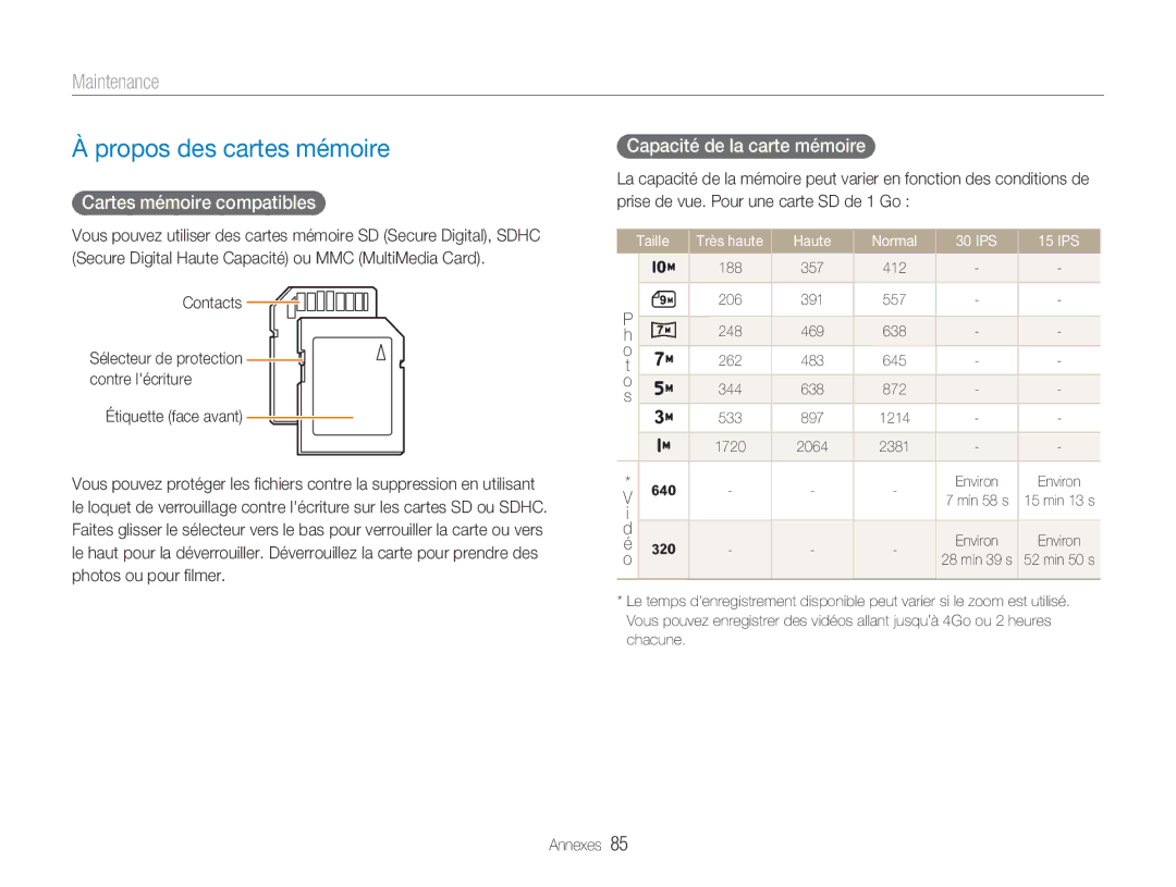 Samsung EC-NV9ZZBBA/FR Propos des cartes mémoire, Maintenance, Cartes mémoire compatibles, Capacité de la carte mémoire 